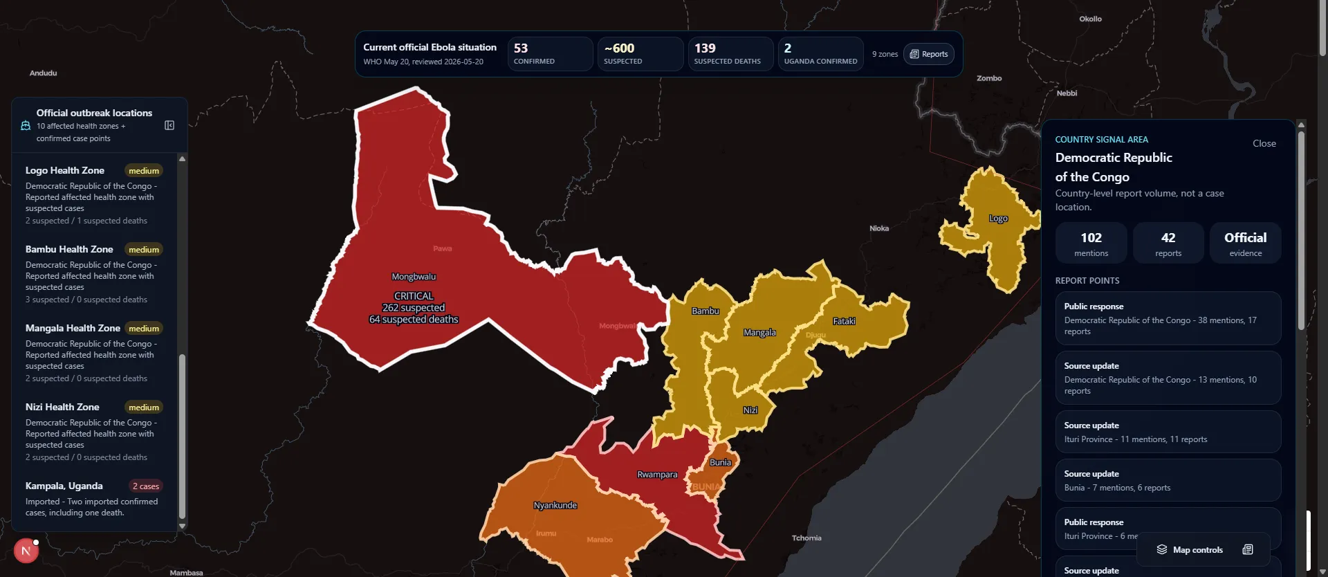 DRC Ebola outbreak 2026 map preview showing source-linked outbreak geography